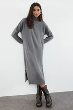 Trendyol Anthracite Midi Knit Wide Pattern Soft Texture Dress