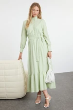 Trendyol Mint Linen Look Frilled Belted Woven Dress