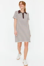 Trendyol Brown and White Striped Polo Neck A-Line/A-Line Form Knitted Dress