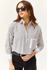 Olalook Women's White Black Pocket and Cuff Detailed Striped Crop Shirt