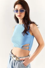 Olalook Women's Baby Blue Decollete Waist Lycra Crop Blouse