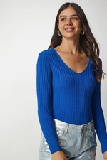 Happiness İstanbul Women's Blue V-Neck Ribbed Basic Blouse