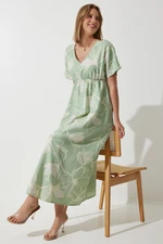 Happiness İstanbul Women's Green Tropical Patterned Summer Raw Linen Dress