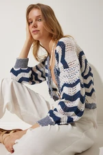 Happiness İstanbul Women's Cream Navy Blue Striped Openwork Seasonal Knitwear Cardigan