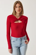 Happiness İstanbul Women's Red Cut Out Detailed Corded Knitted Blouse