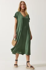 Happiness İstanbul Women's Khaki V-Neck Summer Flowy Viscose Dress