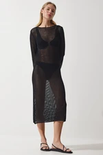 Happiness İstanbul Women's Black Openwork Transparent Long Knitwear Dress