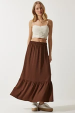 Happiness İstanbul Women's Brown Flounce Summer Midi Skirt