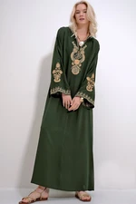 Trend Alaçatı Stili Women's Walnut Green Embroidered Dress