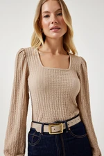 Happiness İstanbul Women's Cream Square Neck Textured Knitted Blouse