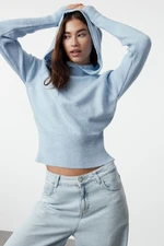 Trendyol Blue Soft Textured Hooded Sleeve Finger-Tucked Knitted Sweater