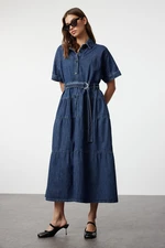 Trendyol Blue Belted Stitch Detailed Maxi Denim Dress