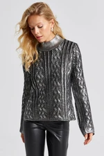 Cool & Sexy Women's Black-Silver Leafy Knitwear Blouse