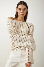 Happiness İstanbul Women's Cream Openwork Crop Knitwear Sweater