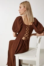 Happiness İstanbul Women's Brown Heart Collar Textured Summer Knitted Dress