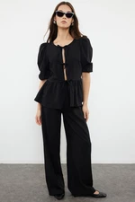 Trendyol Black Textured Fabric Lacing Detailed Balloon Sleeve Woven Blouse-Pants Set