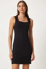 Happiness İstanbul Women's Black Square Neck Thick Strap Knitted Dress