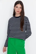 Trendyol Navy Blue Striped Oversize/Wide Cut Crew Neck Slim Knit Sweatshirt