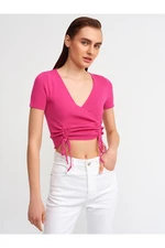 Dilvin 10194 Double-breasted Collar With Gathering in the Front, Knitwear Crop-fuchsia