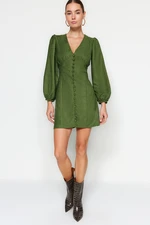 Trendyol Green Mini Balloon Sleeve V-Neck Suede Woven Woven Dress