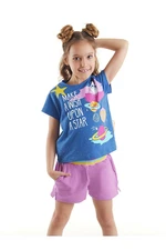 Mushi Dilek Dille Girl Child's Navy Blue T-shirt with Lilac Shorts Summer Suit.