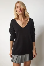 Happiness İstanbul Women's Black V-Neck Thin Knitwear Sweater