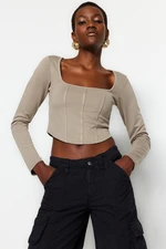 Trendyol Stone Piping Detail Square Collar Fitted/Situated Crop Interlock Knitted Blouse