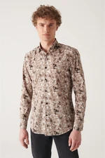 Avva Men's Camel Abstract Pattern 100% Cotton Slim Fit Slim Fit Shirt