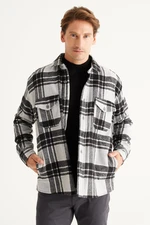 AC&Co / Altınyıldız Classics Men's Black-gray Oversize Loose Cut Button Collar Checked Winter Shirt Jacket