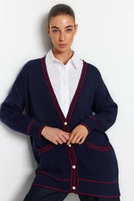 Trendyol Navy Blue Knitwear Cardigan with Pearl Buttons and Welt