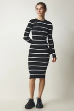 Happiness İstanbul Women's Black Ribbed Striped Wrap Sweater Dress