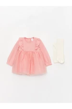 LC Waikiki Crew Neck Long Sleeve Baby Girl Dress and Pantyhose 2-Pack