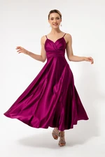 Lafaba Women's Satin Midi Evening Dress &; Prom Dress with Plum Rope Straps and Waist Belt