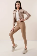 By Saygı High Waist Cream Lycra Leather Leggings With Rayons.