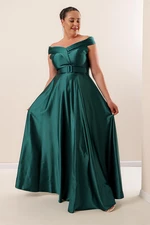 By Saygı Madonna Collar, Waist, Belted, Lined Plus Size Long Satin Dress with a Slit