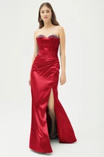 Lafaba Women's Red Stone Underwire Corset Slit Long Satin Evening Dress