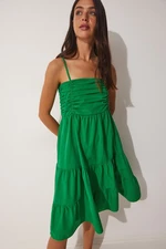 Happiness İstanbul Women's Green Straps, Ruffles Summer Poplin Dress