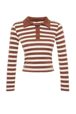 Trendyol Brown Striped Soft Fabric Fitted/Situated Polo Neck Flexible Knitted Blouse