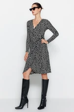 Trendyol Black Crepe/Textured Polka Dot Knitted Midi Dress with Tie Detail, Double Breasted