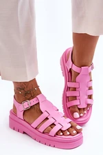 Leather flat sandals with stripes pink Diosa