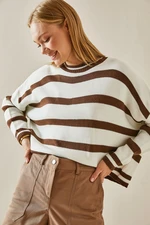 XHAN Brown Crew Neck Striped Crop Sweater