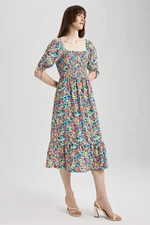 DEFACTO Square Neck Floral Balloon Sleeve Midi Short Sleeve Dress