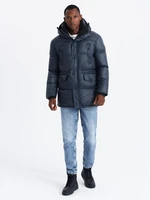 Ombre Men's long puffer jacket with snap pockets - navy blue