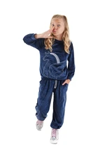 Denokids Navy Blue Velvet Unicorn Girl's Tracksuit Set