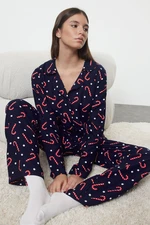 Trendyol Navy Blue Polka Dot New Year Themed Viscose Woven Pajama Set