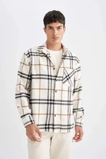 DEFACTO Men's Ecru Regular Fit Regular Cut Polo Collar Plaid Lumberjack Flannel Long Sleeve Shirt