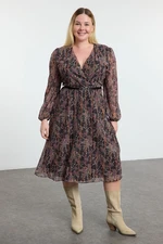 Trendyol Curve Brown Floral Belted A-Line Midi Double Breasted Patterned Chiffon Woven Dress