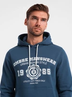 Ombre Men's kangaroo hoodie with college style print - navy blue