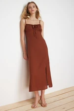 Trendyol Brown A-Line Midi Woven Dress with Tie Detail on the Collar