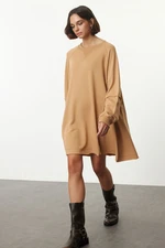 Trendyol Camel Plain Relaxed/Comfortable Fit Crew Neck Sweatshirt Knitted Dress